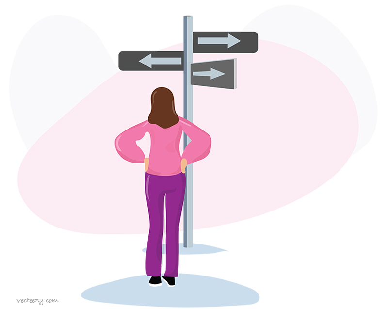 Woman deciding which of the three ways she should choose to go