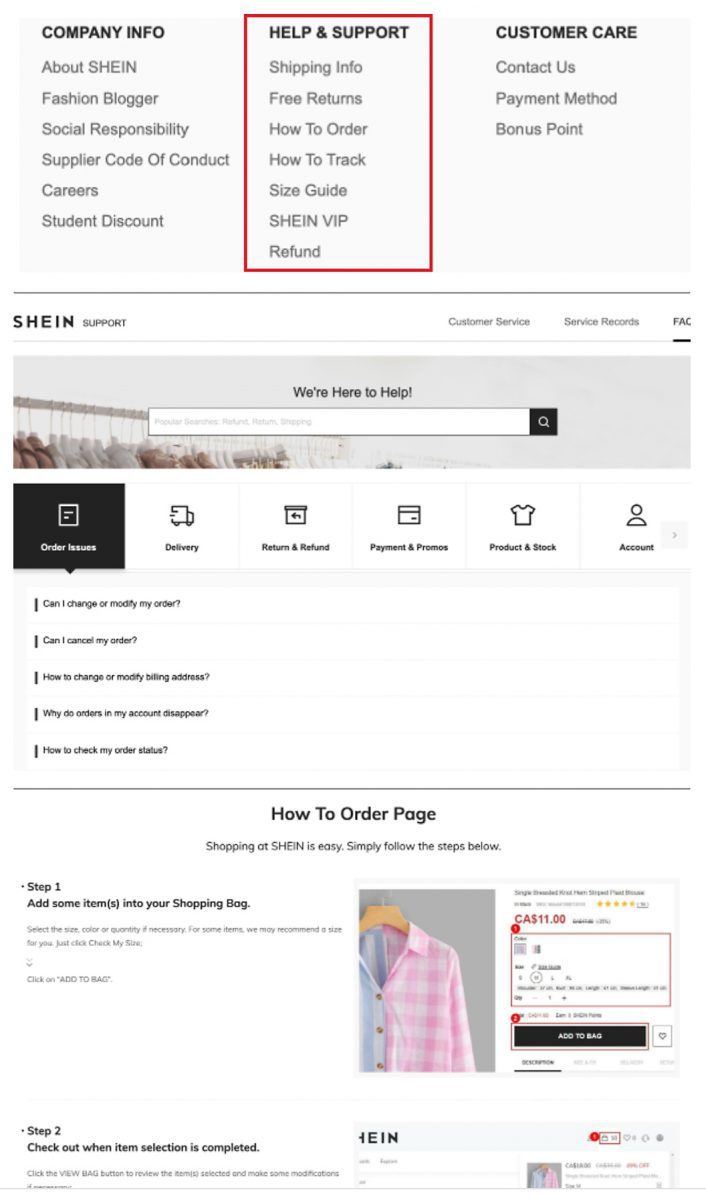 Shein Help page, Support page, and How to Order page