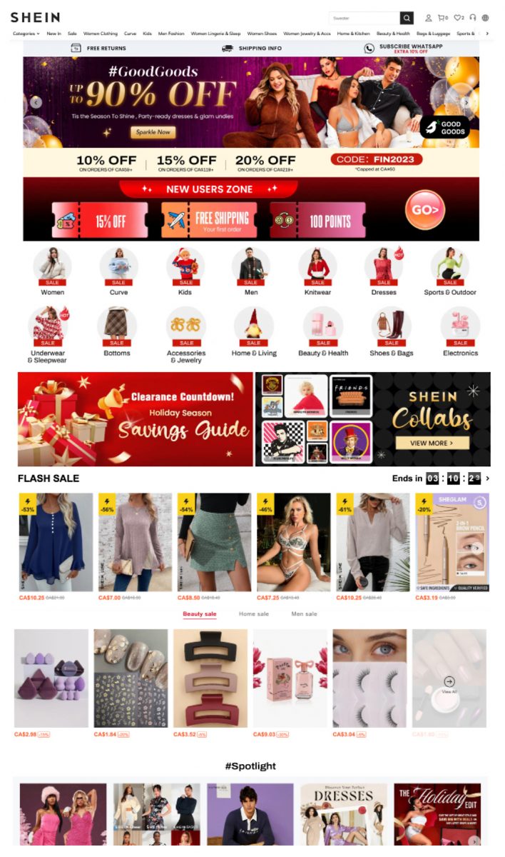 Shein's busy Home page