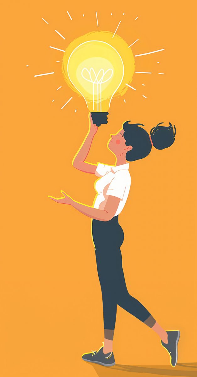 Girl carrying a large shining lightbulb