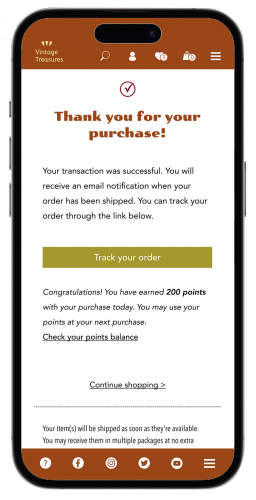 High-Fidelity Wireframe: Vintage Store Thank you & Confirmation page