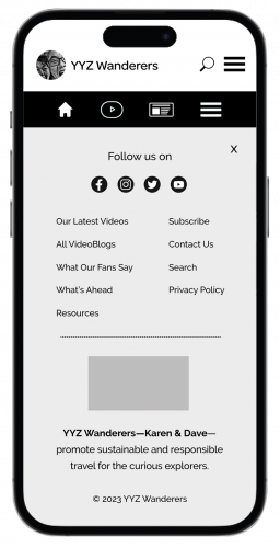 YYZ Wanderers - home page - footer menu open